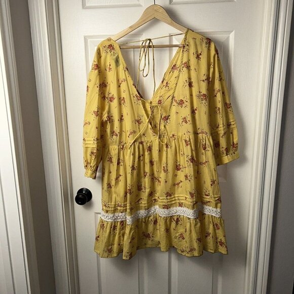 ASOS Yellow Floral Print Cottegecore Babydoll Deep V-Neck Mini Dress Size 10 - Picture 5 of 9
